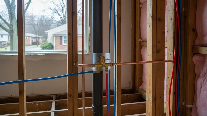 Supply pipework opened up in a wall of a house built in the 1980s Plumbing work in Fairfax County, VA.
